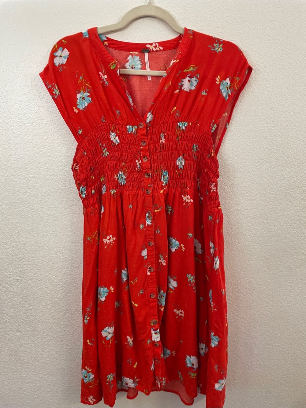 Free People Red Floral Button-Front Dress cinched waist lined M 14x36